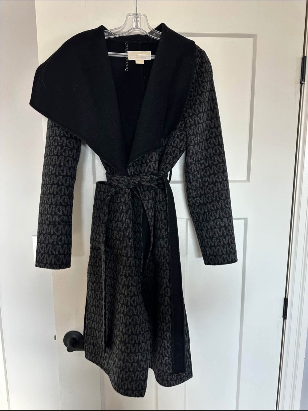 Michael Kors Black Patterned Wrap Coat with Shawl Collar